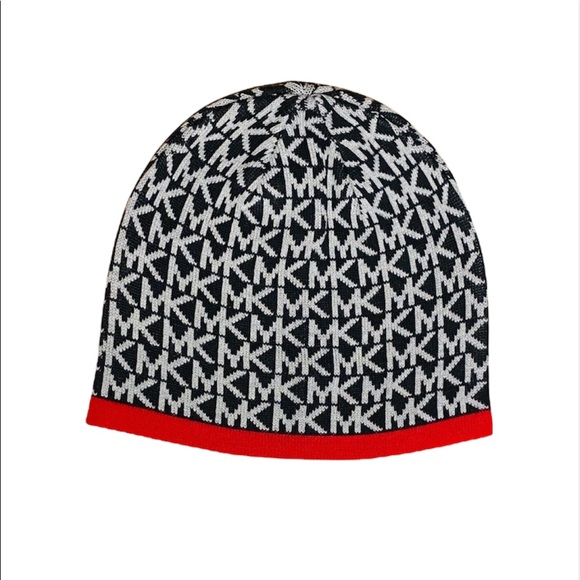 🎉Host Pick🎉 New Michael Kors: One Size Gray Black & Red Mono Knit Logo Beanie - Picture 1 of 1